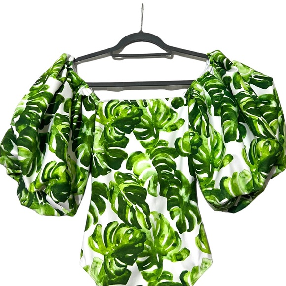 Caroline Constas Nova Off-Shoulder Puff Sleeve One Piece in Green Palm Leaf XS - Picture 5 of 10
